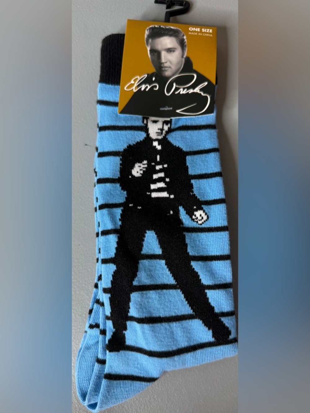 Elvis Presley Light Blue & Black Striped Novelty Socks Iconic Musician Design